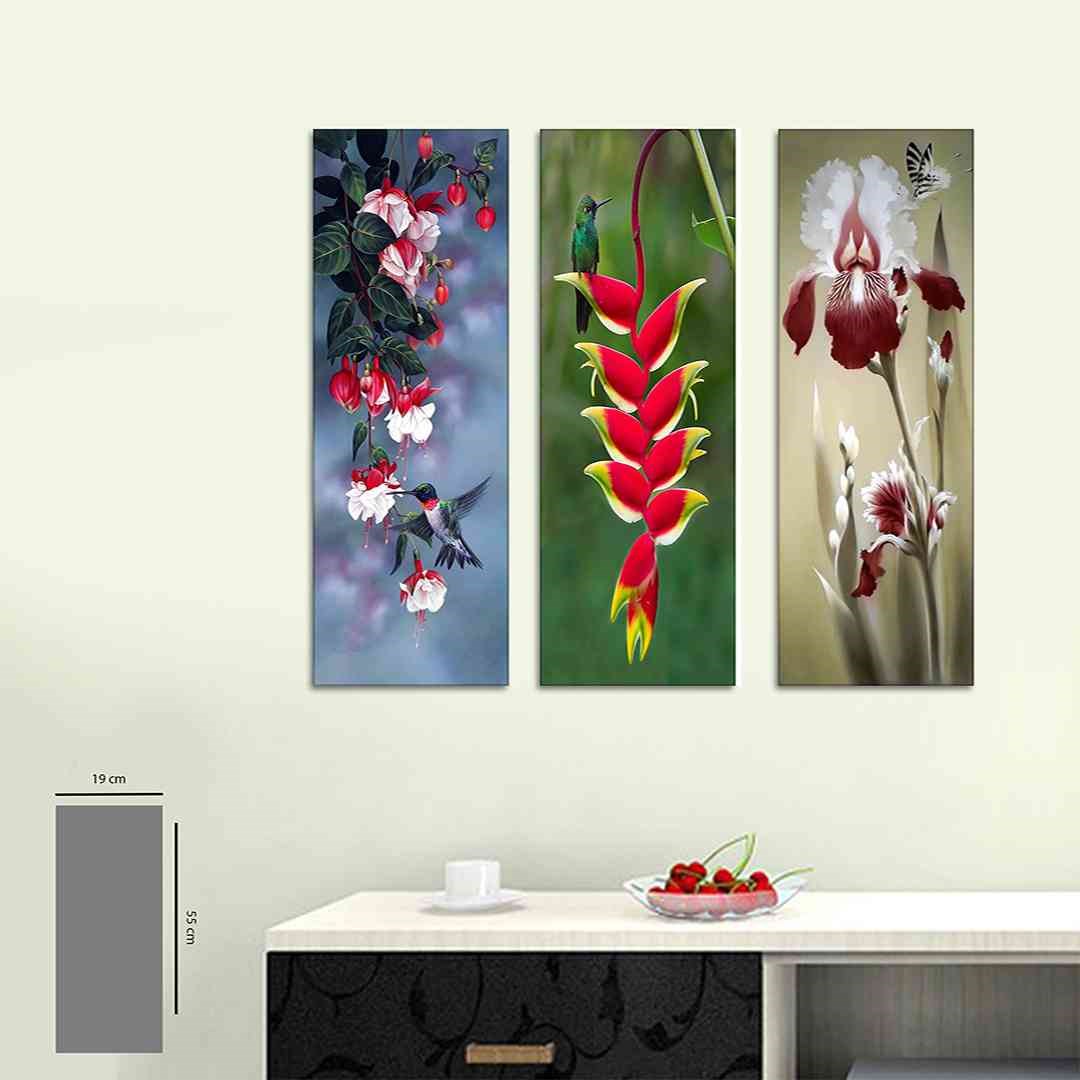 3 Parça Yabani Heliconia Çiçeği Mdf Tablo - 3Dikey-08-T  20X60