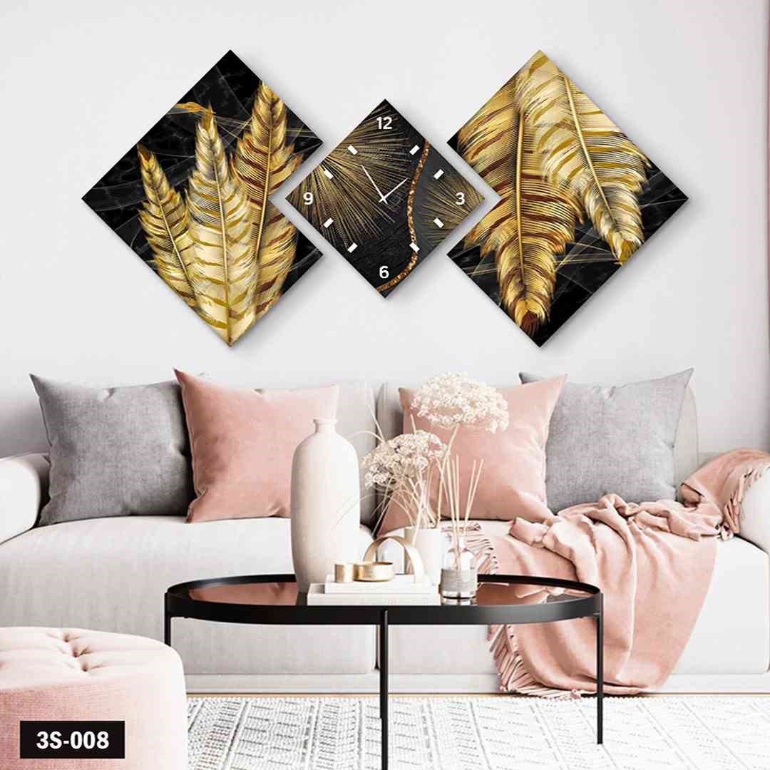 3 Parça Saatli Mdf Tablo Gold Yapraklar  - 3S-008  160X60