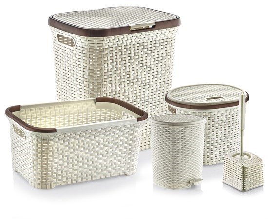 Rattan Banyo Seti 5 Pc Pedallı Çöp Kutusu - Kremalı - 38885