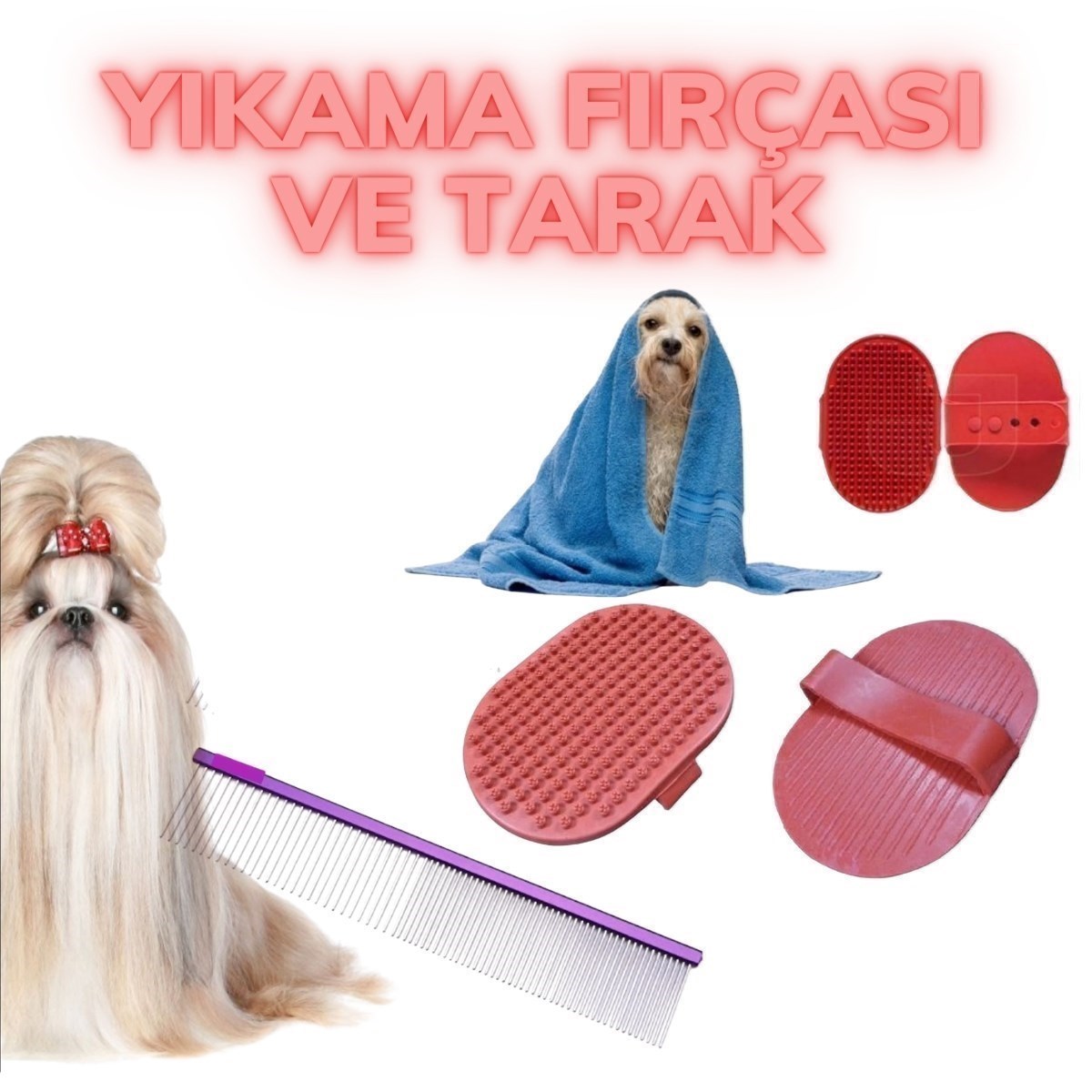 BUFFER® Pratik Plastik Kedi Köpek Temizlik Bakım Yıkama Aleti Fırçası Ve Köpek Tüyü Tarağı Seti