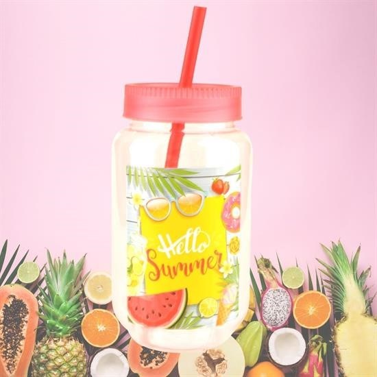 BUFFER® Pipetli Kapaklı Plastik Milkshake  Smoothie Meşrubat Bardağı