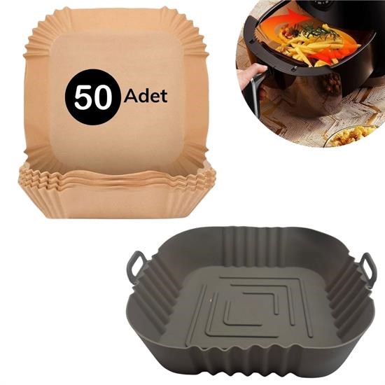 BUFFER® Gri Kare Pişirme Matı 20 Cm Ve 50 Adet Tek Kullanımlık Kare Tabak Model Pişirme Kağıdı