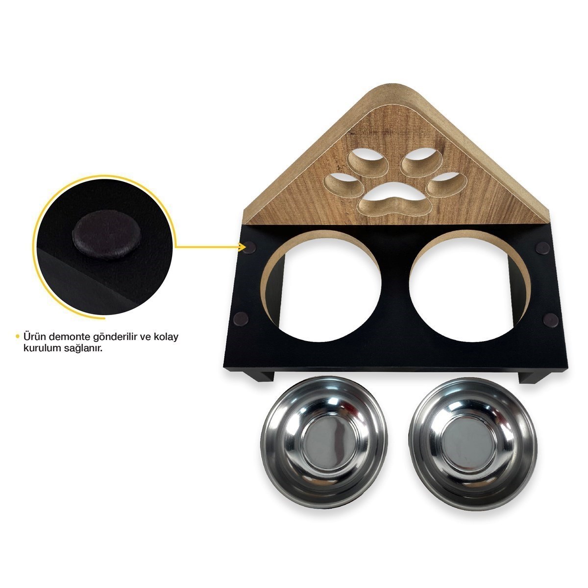 BUFFER® Decotown Ahşap ve Paslanmaz Çelik Kedi Köpek Mama Ve Su Kabı