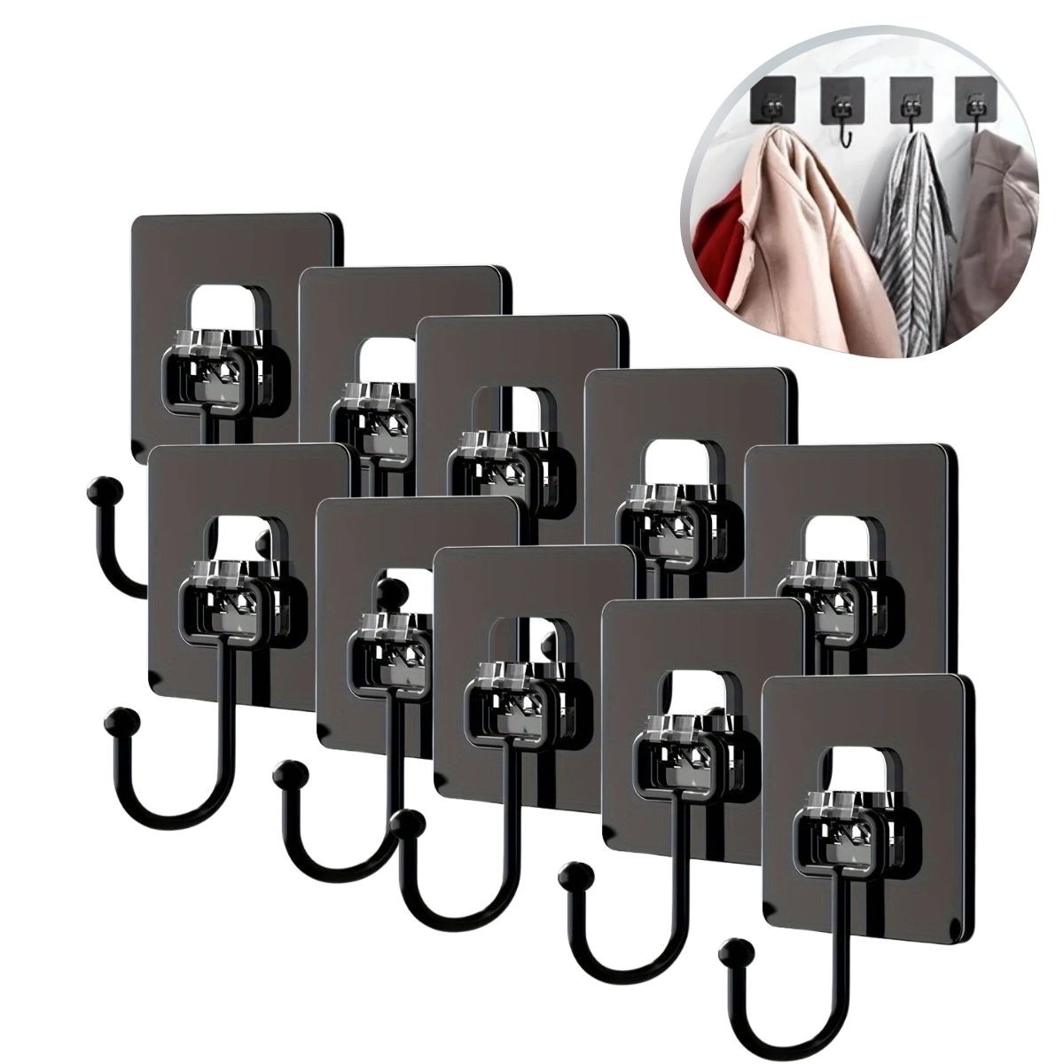 BUFFER® 10 Adet Duvara, Dolapa Yapışan Güçlü Yapışkanlı Siyah Duvar Askısı