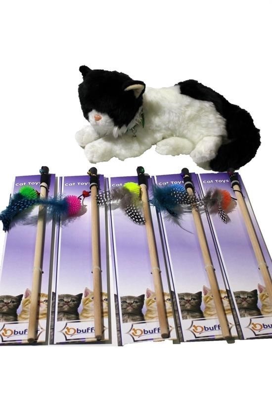 BUFFER® Peluş Oyuncaklı Tahta Saplı Eğlenceli Uzayabılen Kedi Oyun Oltası