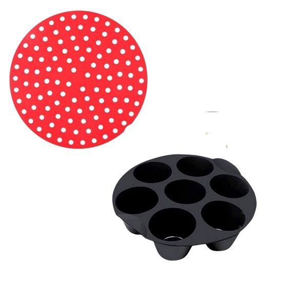BUFFER® Airfryer Yuvarlak Model Pişirme Matı Kırmızı 20 Cm ve 7 Gözlü Airfryer Cupcake Kalıbı