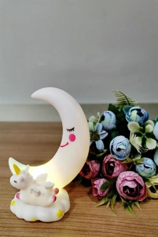 BUFFER® Sevimli Ay Ve Unicorn Dekorlu Renk Değiştiren Gece Lambası Beyaz