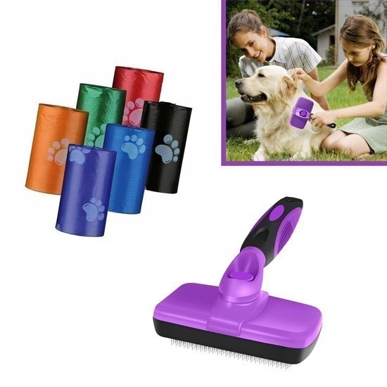 BUFFER®  Otomatik Temizlenebilen Kedi Köpek Tüy Toplama Fırçası ve 4lü Pati Desenli Kaka Torbası