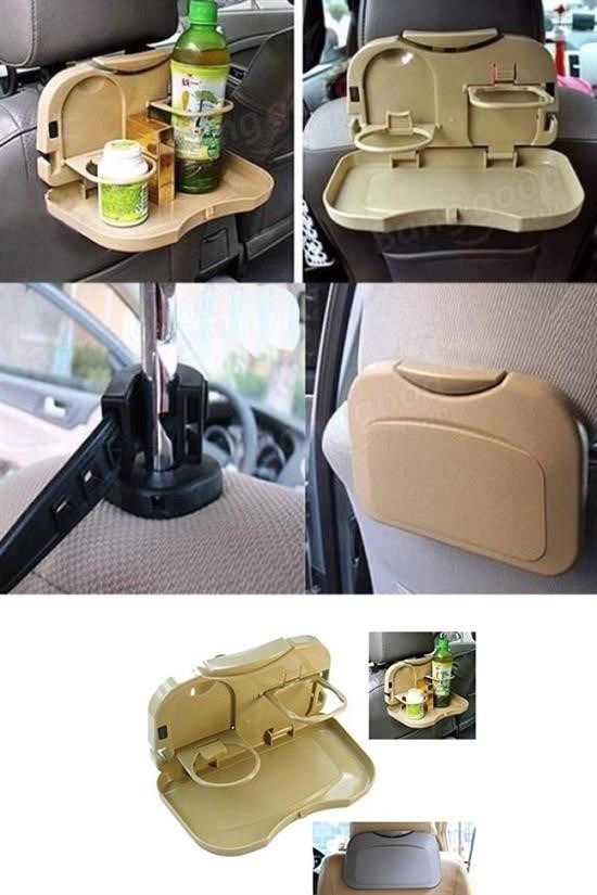 BUFFER® Araç İçi Koltuk Arkası Katlanabilir Bardak Tutuculu Bej Tepsi