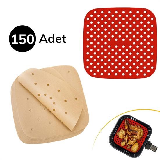  BUFFER® 150 Adet Kullan-At Delikli Kare Model Pişirme Kağıdı Ve Kare Kırmızı Pişirme Matı 21,5Cm
