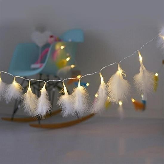 BUFFER® Dekoratif Beyaz Kuş Tüyü Dekoratif Şerit Led Pilli Işık Zinciri