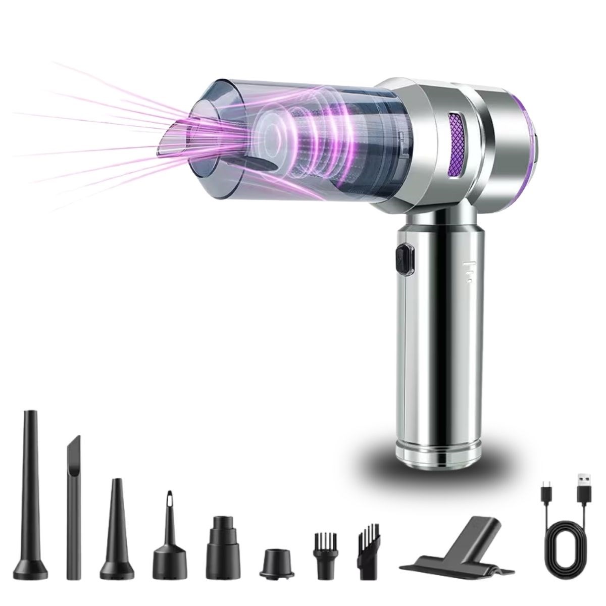 BUFFER® 9 Farklı Uçlu Kablosuz Şarjlı Araç İçi Süpürge – Wireless Destekli, Güçlü Emiş, Taşınabilir Pratik Araç Temizleyici