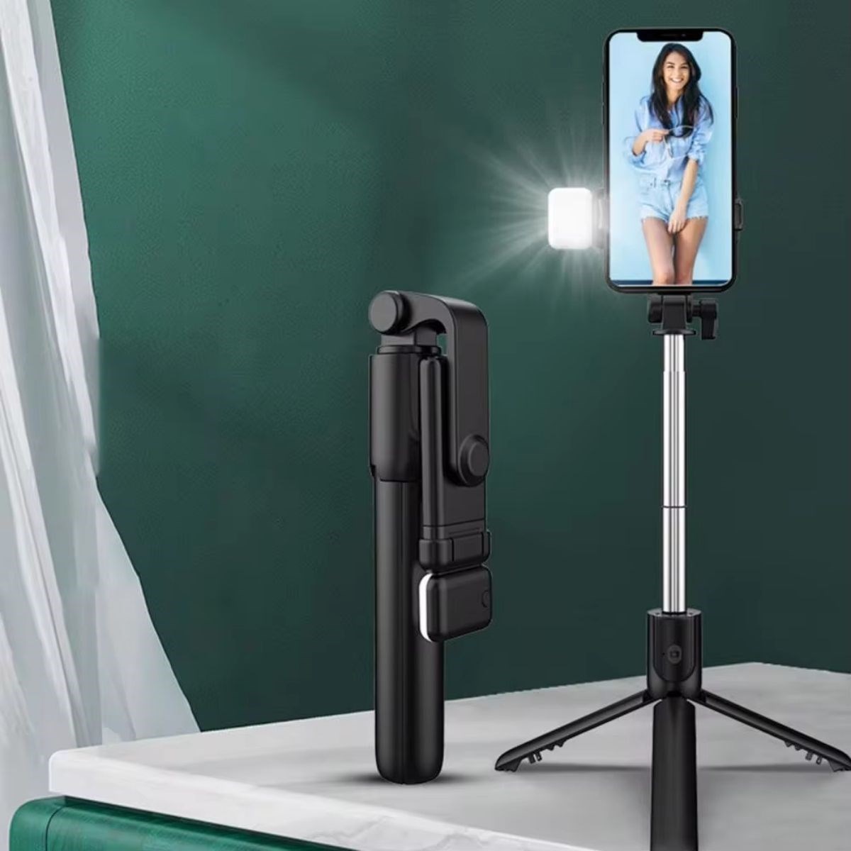 BUFFER® Kendiliğinden LED Işıklı Kumandalı Uzayabilen Selfie Çubuğu,Masa Üstü Tripod 