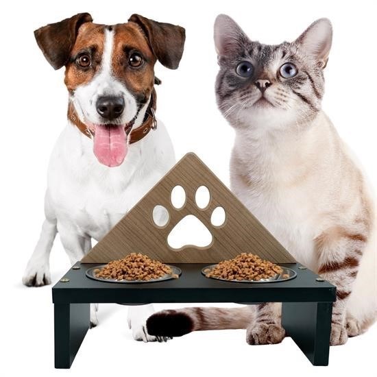 BUFFER® Ahşap Paslanmaz Çelik Kedi Köpek Toz Hazneli 2li Demonte Stand Metal Mama ve Su Kabı Kutusu