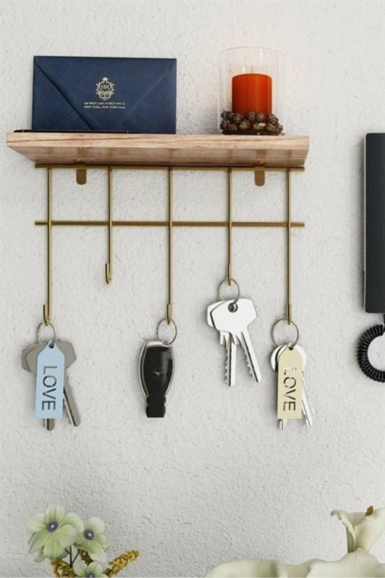 BUFFER® Çok Amaçlı Takı Mutfak Banyo Dekoratif Askılık Organizer Masif Ahşap Duvar Raf