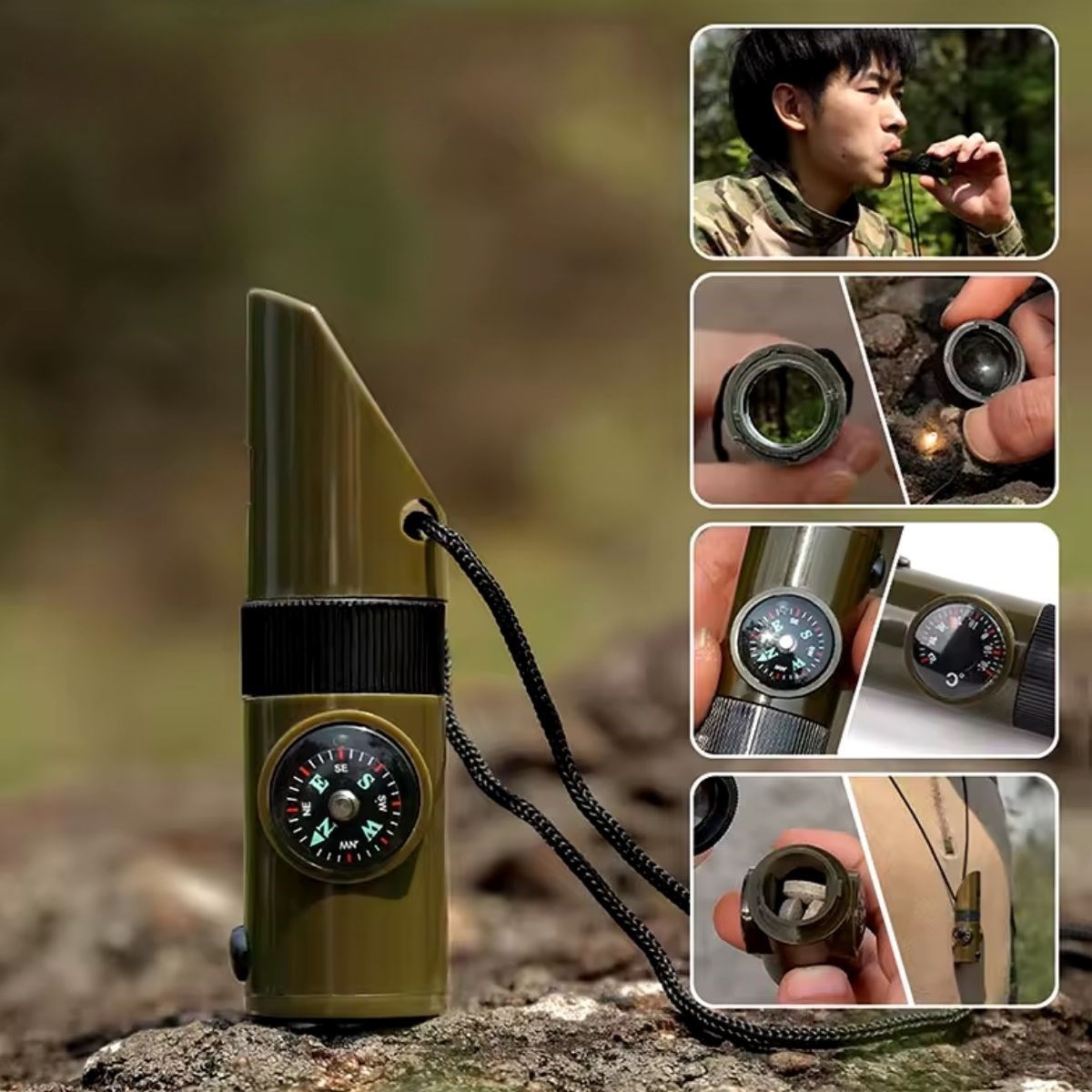 caselka® 7si 1arada Acil Durum Düdüğü,El Feneri, Termometre,Pusula,Büyüteç,Depolama Bölmeli Kampçı Düdüğü