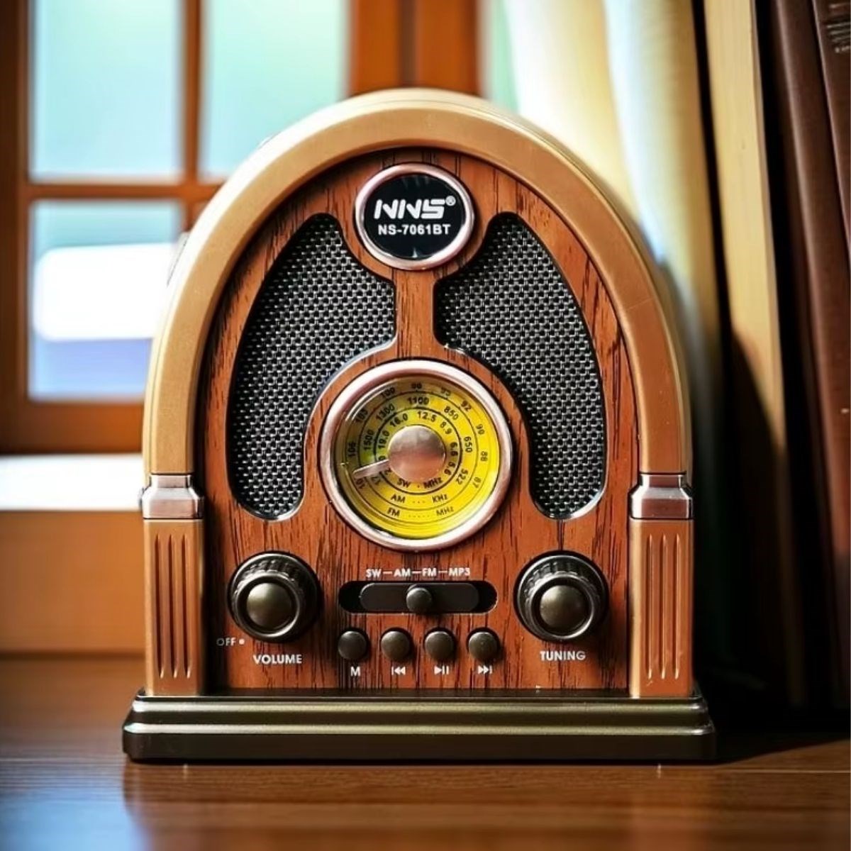 caselka® Orta Boy Kubbe Model Retro Ahşap Tasarım Bluetooth Hoparlörlü Radyo – FM/AM Destekli, Şarjlı ve Taşınabilir Radyo NS-7061