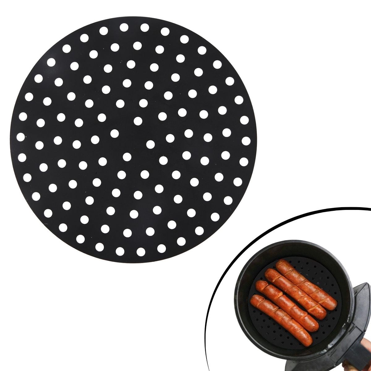 BUFFER® Black Heat Resistant Washable Silicone Oven And Airfryer Round Model Cooking Mat 23 Cm
