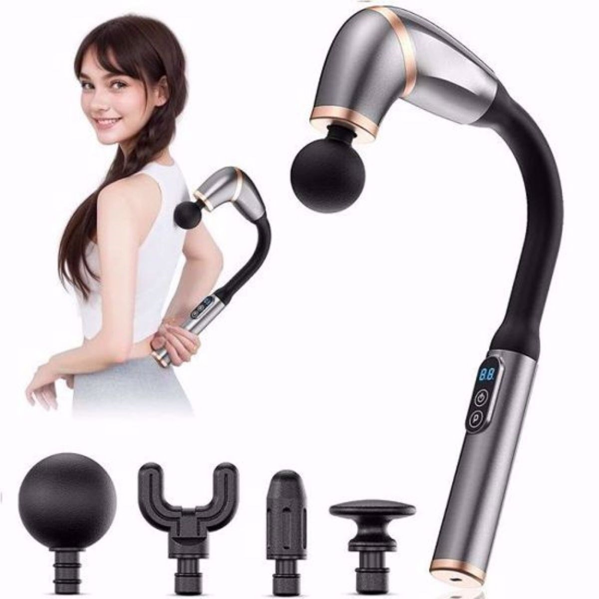 Ürün Gezgini® 4 Farklı Başlıklı Uzun Saplı Derin Doku Masaj Tabancası, Boyun, Omuz ve Sırt için Ergonomik Saplı Çoklu Masaj Modlu Taşınabilir Masaj Al