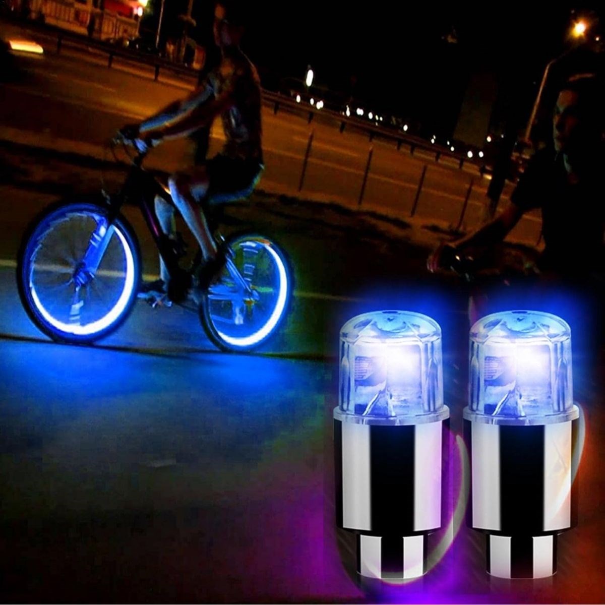 caselka® Araç ve Bisiklet İçin 2’li Mavi LED Hava Valfi Işık Kapakları–Gece Parlayan Lastik Lambası Sibop Kapağı