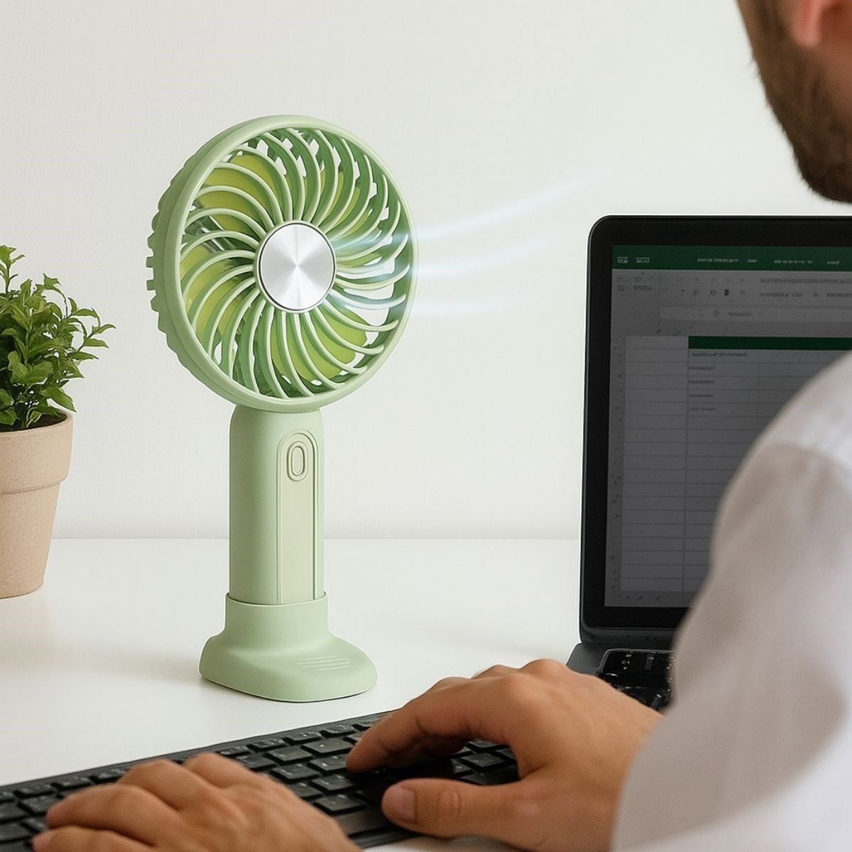 caselka® Masa Üstü Standlı USB ile Şarj Olabilen 3 Ayarlı Fan Modlu Çanta Tipi El Fanı