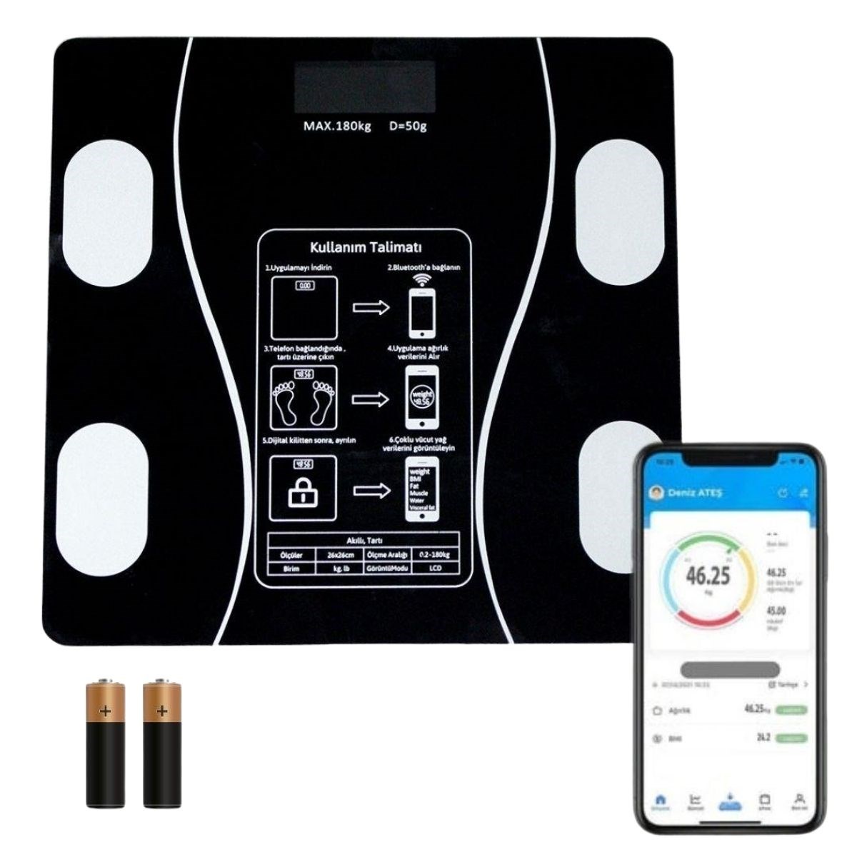 Ürün Gezgini® Dijital Baskül Yağ Ölçer Fonksiyonlu Akıllı Baskül Bluetooth Bağlantılı Tartı