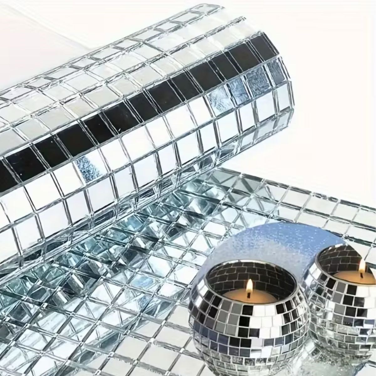 caselka® Kare Silver Cam Mozaik Fayans Çıkartmaları El İşi Kare Cam Fayans Kendinden Yapışkanlı Aynalı Dekor Panel 30x30 Cm