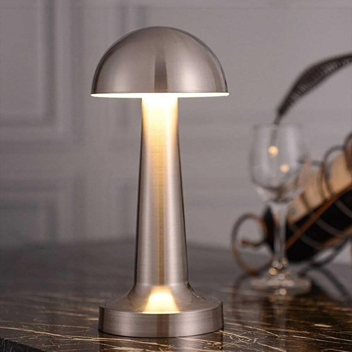 BUFFER® Mushroom Model Silver Color Rechargeable Touch 3 Color LED Table Lamp