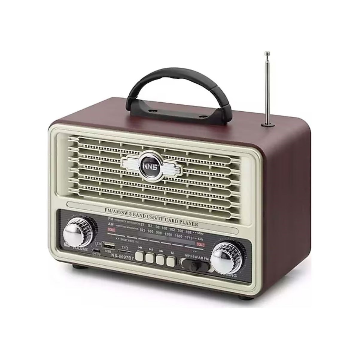 caselka® Küçük Boy Retro, Nostaljik, Ahşap Tasarım Bluetooth Hoparlörlü, Şarjlı, Taşınabilir Yanı LED Işıklı FM/AM Destekli Radyo NS6675