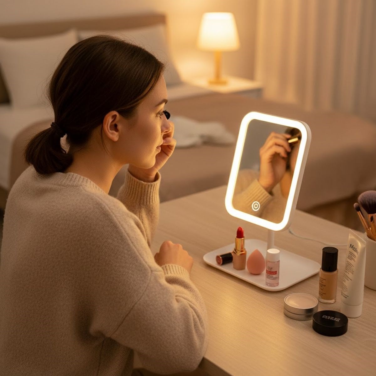 Ürün Gezgini® Dokunmatik LED Işıklı Kare Makyaj Aynası – Altı Organizer Kaseli, Ayarlanabilir Aydınlatmalı Masaüstü Makyaj ve Cilt Bakım Aynası