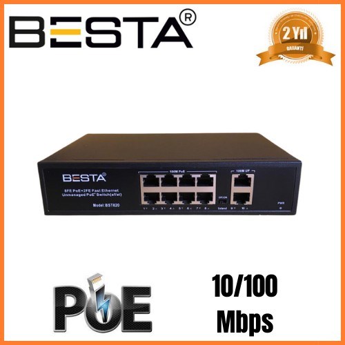 10 PORT POE SWİTCH 10/100 Mbps 8 Port POE BST1020