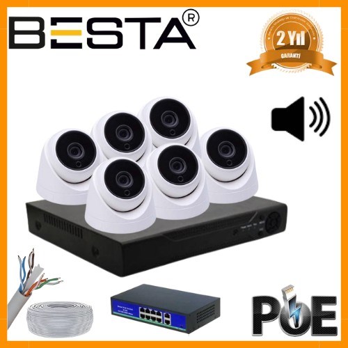 5 MP 1440P 6 İÇ MEKAN KAMERALI DAHİLİ MİKROFONLU IP POE Güvenlik Seti