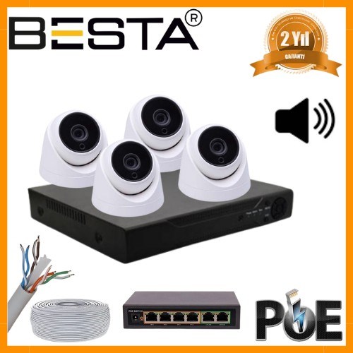 5 MP 1440P 4 İÇ MEKAN KAMERALI DAHİLİ MİKROFONLU IP POE Güvenlik Seti