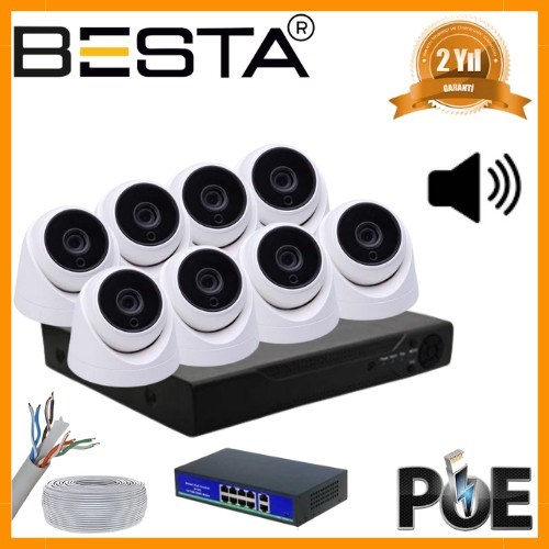 5 MP 1440P 8 İÇ MEKAN KAMERALI DAHİLİ MİKROFONLU IP POE Güvenlik Seti