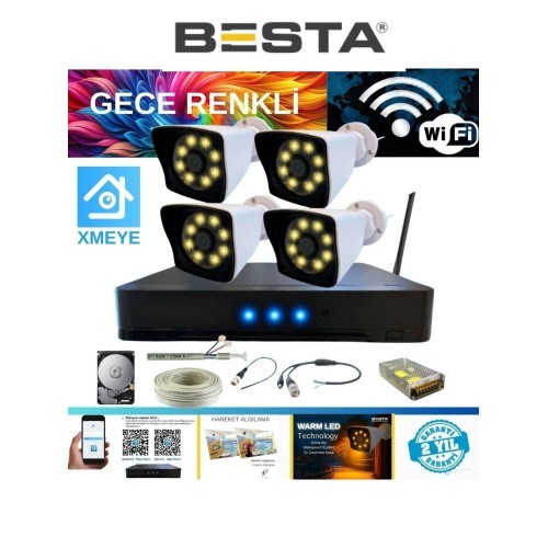 5 Mp Lens 2 Mp 1080P Gece Renkli 4 Kameralı Wıfı Özellikli Kamera Seti 500 GB HDD