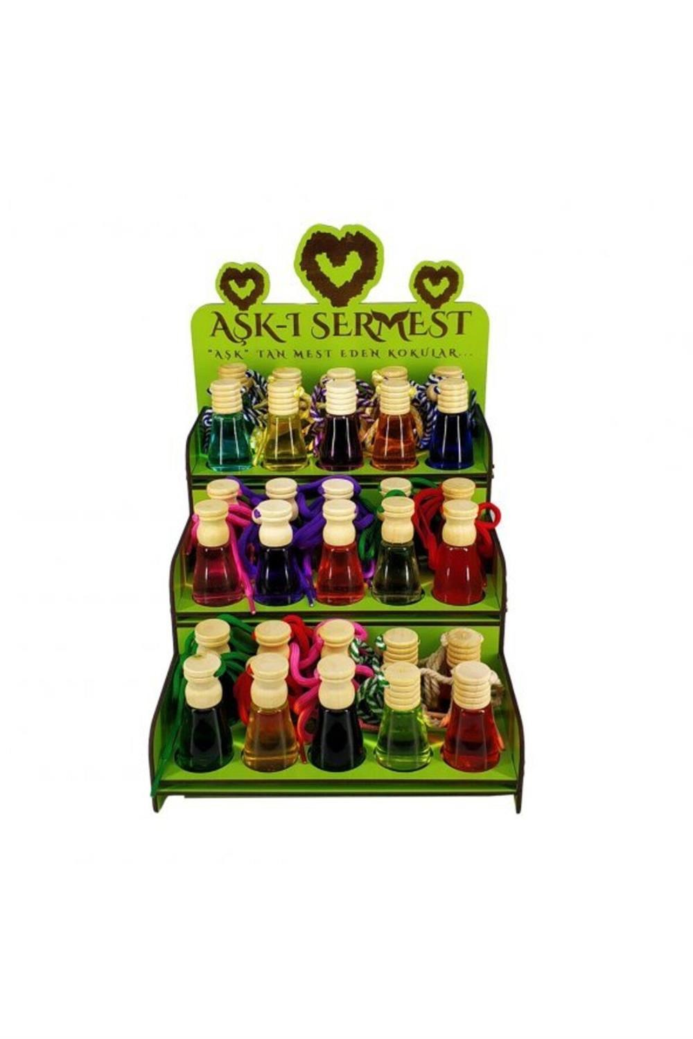 Yeşil Ahşap Standlı 60 Adet 8 ML Lacostee Redd Araç Parfümü Oto Araba Kokusu