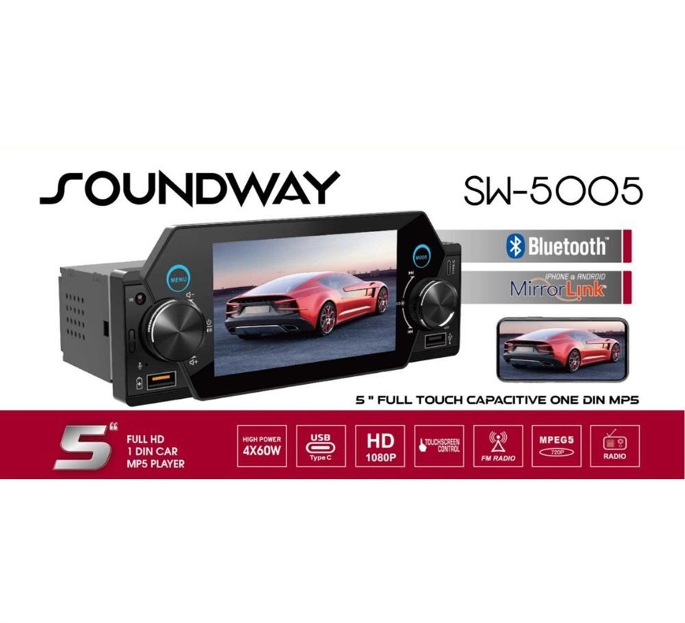 Soundway SW-5005 Oto Teyp 5 Inch Tek Din Full HD Dokunmatik Ekran MP5/BT/Mirror Link/USB/4*60W/FM