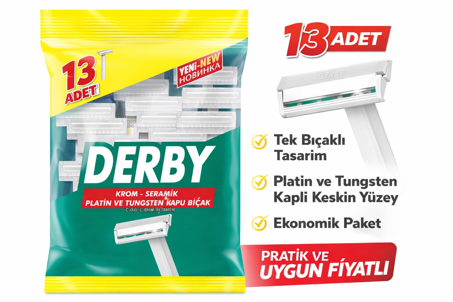 Derby Tek Bıçaklı Tıraş Bıçağı 13’lü 1 Paket Krom Seramik Platin ve Tungsten Kaplı Ekonomik Paket
