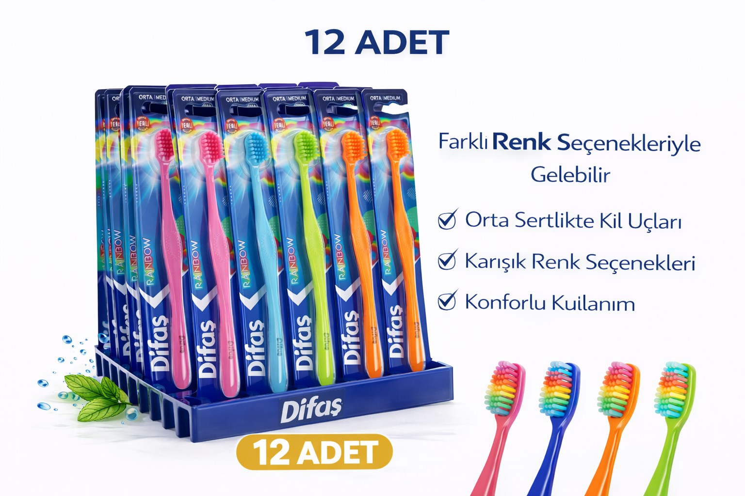 Difas Rainbow Orta Sert Diş Fırçası Medium 12ADET