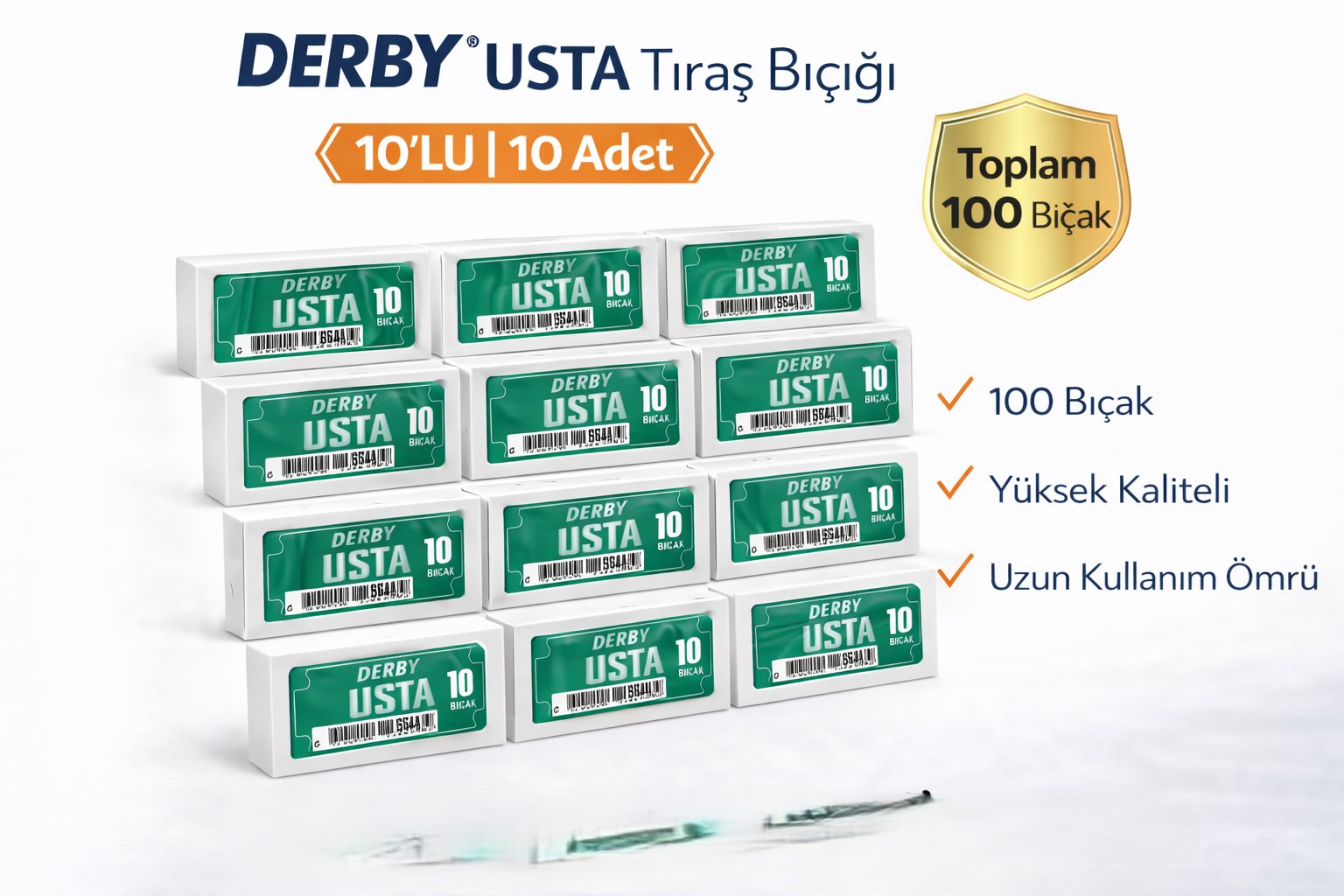 Derby Usta Çift Taraflı Jilet Tam Bıçak Berber Jileti 10LU 10 PAKET