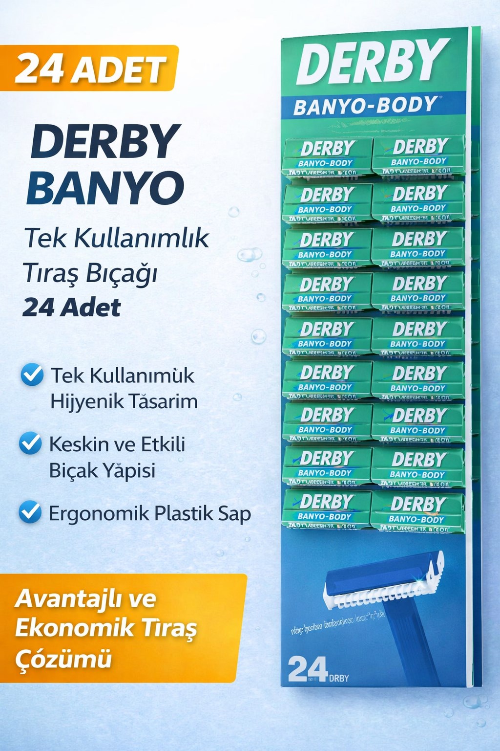 Derby Banyo Tek Kullanımlık Tıraş Bıçağı 24 Adet Avantajlı Paket Plastik Saplı Ekonomik Tıraş Jileti