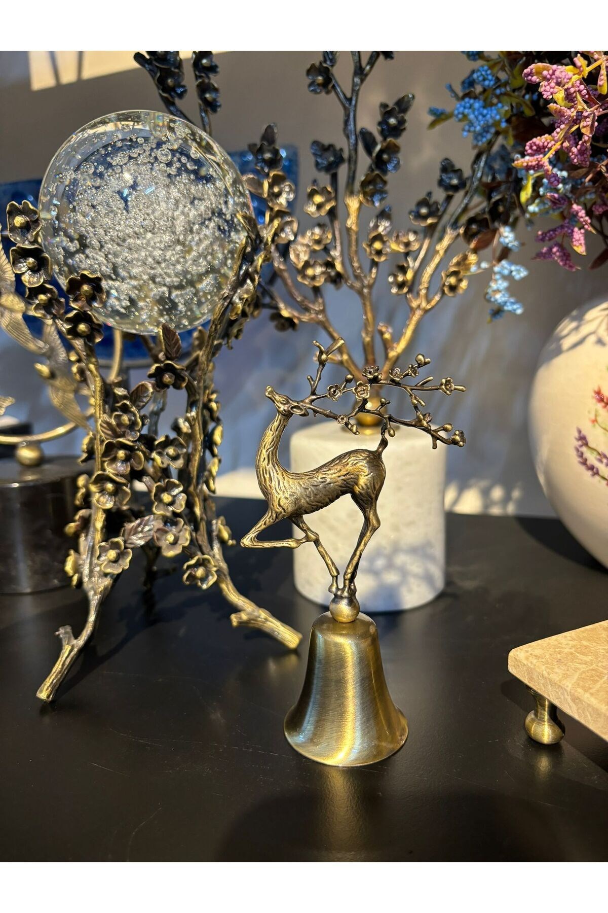 Çiçek Boynuzlu Geyikli Dekoratif Metal Çan Mum Söndürücü-eskitme (ANTİK)