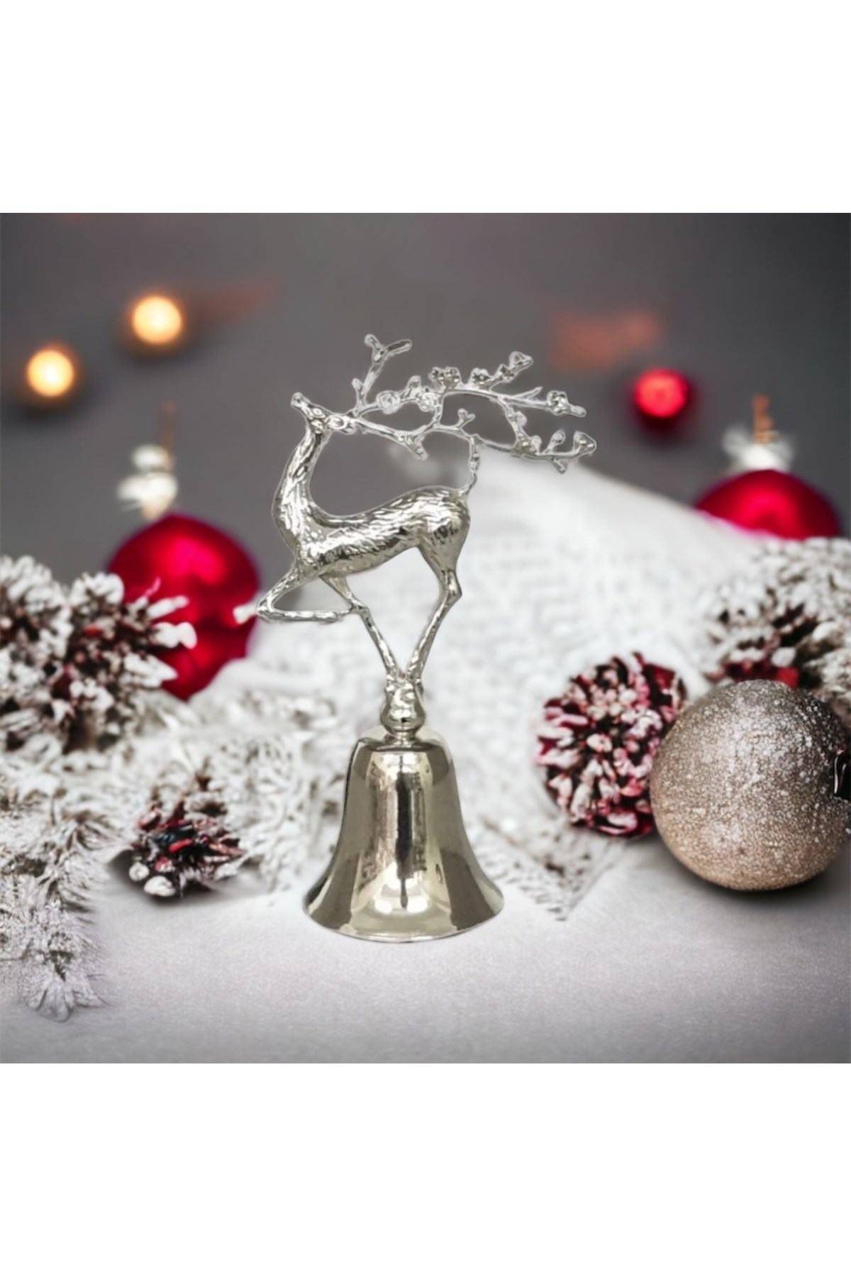 Gümüş Çiçek Boynuzlu Geyikli Dekoratif Metal Çan Mum Söndürücü-gümüş Metal 1