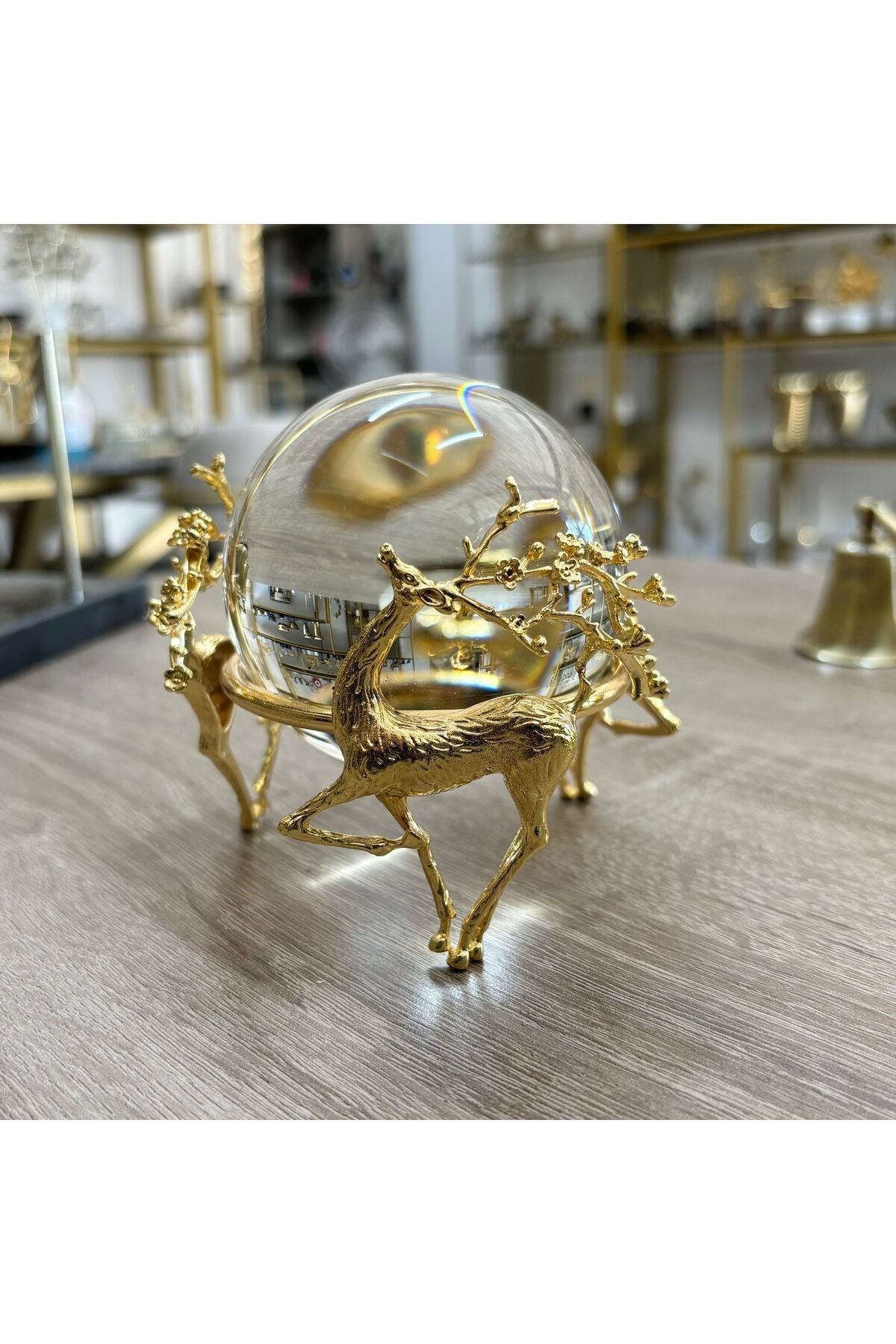 Çiçek Boynuzlu Geyikli Cam Top-gold (ALTIN)