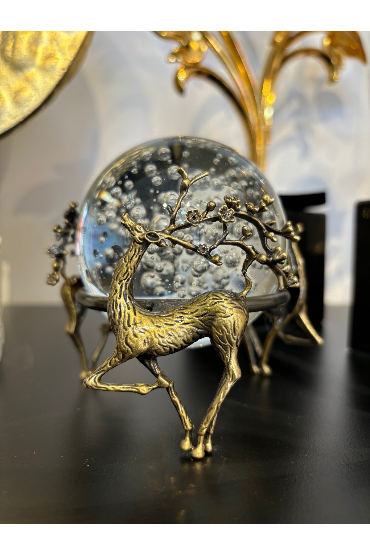 ÇİÇEK BOYNUZLU GEYİKLİ CAM TOP- ESKİTME (ANTİK BRONZ)