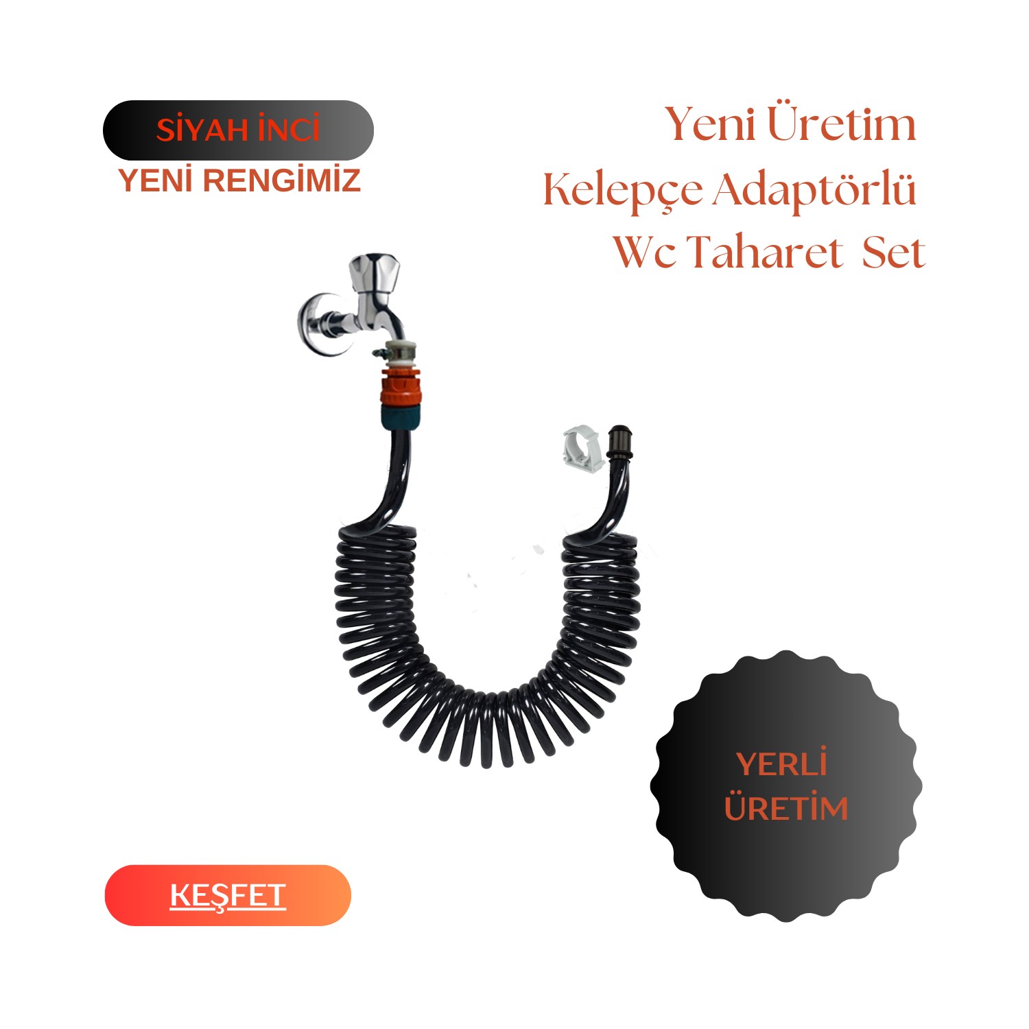 Plasyay Spiral Wc Banyo Veranda Balkon Yıkama Seti Kelepçe Adaptörlü Yeni Siyah Inci 5 Metre