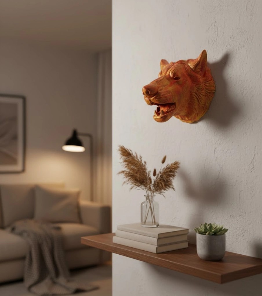 Gold Renk 3d Kurt Başı Duvar Dekoru