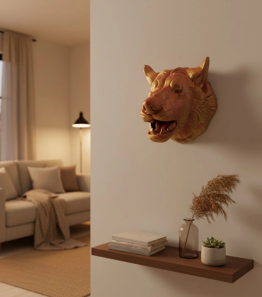 Dekoratif Altın Gold Kurt Duvar Heykeli Asılabilir Hediyelik 25x19 Cm