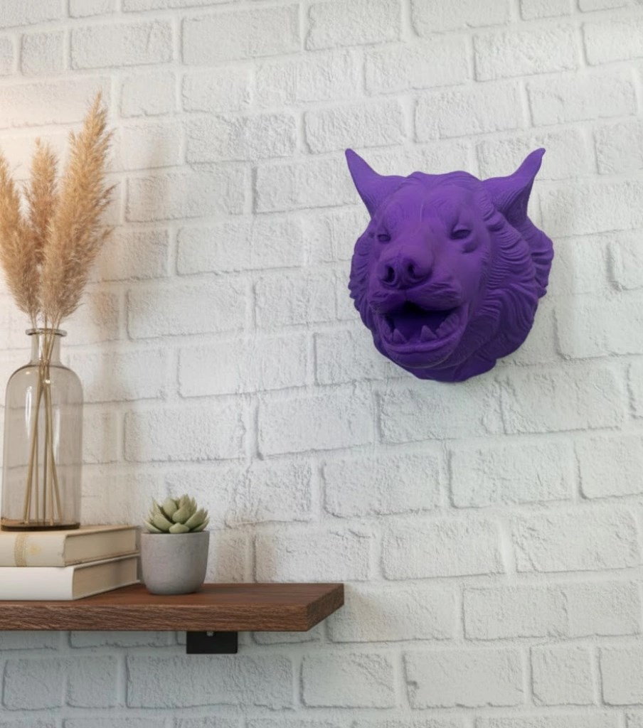 Mor Renk 3d Kurt Başı Duvar Dekoru Asılabilir Maskot Heykel 25x19 Cm