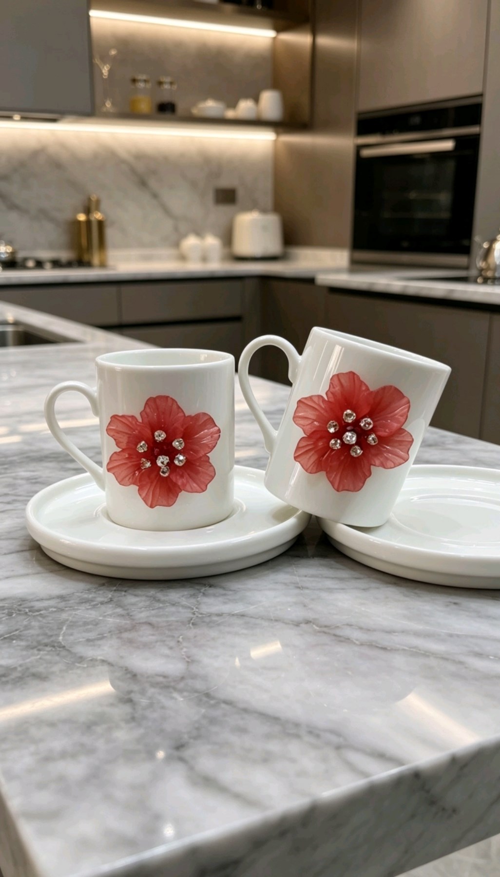 KİRLİNOVA® KIRMIZI ÇİÇEK 2'Lİ PORSELEN FİNCAN TAKIMI